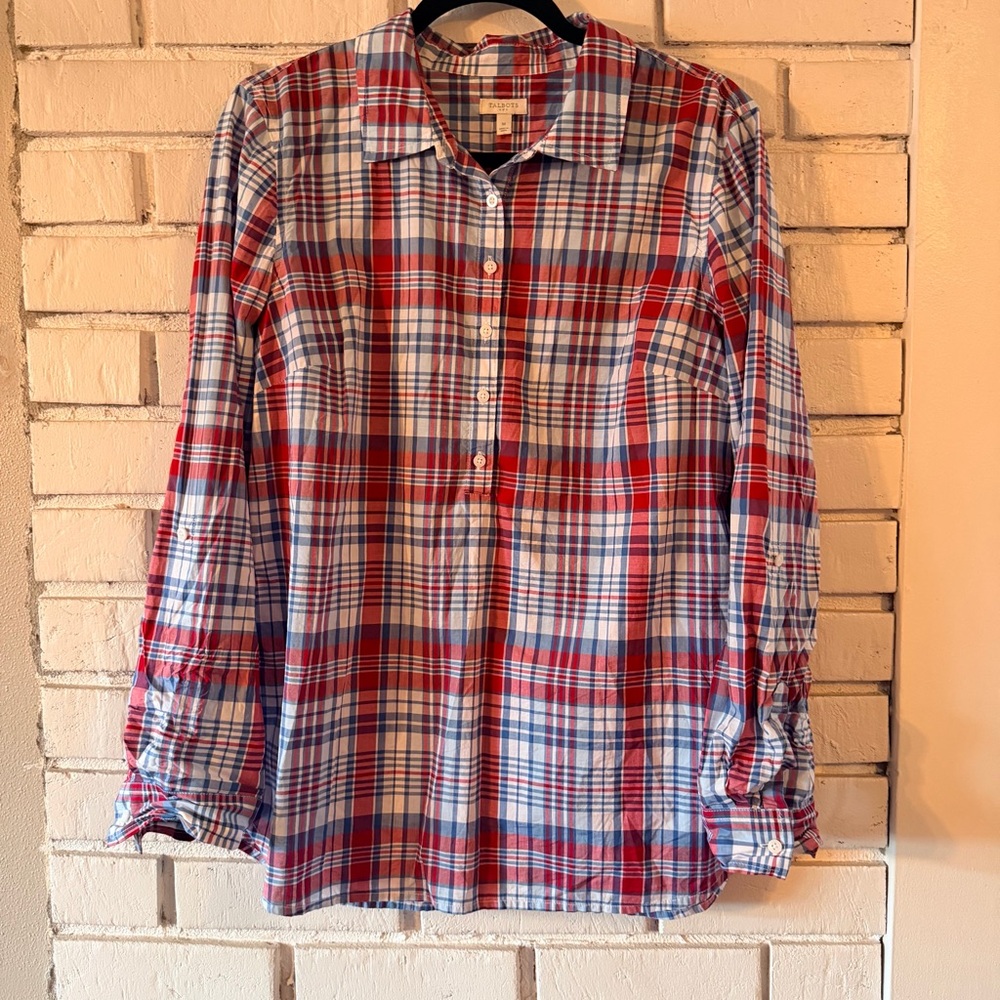 Talbots red blue popover plaid top